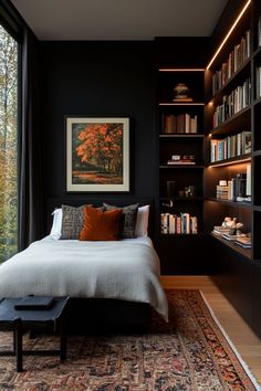 a bedroom with black walls and lots of bookshelves on either side of the bed