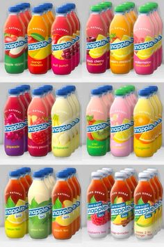 many different types of juices are shown in this image with the same color scheme