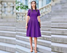 Purple dress with pleats.  Dress with separated belt, lining in skirt part.  Dress with mid sleeves and zipper on side.  ➤ Features > dress length: 103 cm / 40,5'' - 107 cm / 42,1'' > mid sleeves > rounded neckline > pleats at skirt part > tying waistband at the back ➤ Sizing My Size Guide in FAQ section below will help you define the perfect size match.  ➤ Delivery Your item is made-to-order and will be ready within 2-7 days.  Average delivery times: > Europe: up to 1 week > North America: up t Formal Dress Office, Purple Pleated Dress, Dress Office, Dress Stylish, Dress With Pleats, Office Dress, Oversized Dress, Office Dresses, Feminine Design