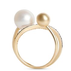 This stunner of a ring features a beautiful pearl, a row of sparkling diamonds and a 14k yellow gold bead, all of which seem to float on your finger thanks to an ingenious and artistic design. We think every jewelry wardrobe needs a few pearls to round things out and this ring is a perfect addition to yours with contrasting colors and textures that wear like a stack. Formal Yellow Gold Pearl Rings, Elegant Yellow Gold Ring With Akoya Pearl, Yellow Gold Rings With Diamond Accents And Pearl, Yellow Gold Pearl Diamond Ring With Accents, Gold Akoya Pearl Diamond Ring, Gold Diamond Ring With Akoya Pearl, Fine Jewelry Gold Diamond Ring With Akoya Pearl, Round Things, Jewelry Wardrobe