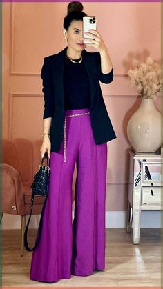 Black long thigh high boots with open toe and goes over the knee vegan friendly manmade materials Womens Business Attire Summer, Purple Palazzo Pants Outfit, Wide Leg Purple Pants Outfit, Magenta Pants Outfit Work, Purple Wide Leg Pants Outfit, Purple Work Outfit, Dress Slacks Outfit, Dark Purple Blazer Outfit, Work Casual Outfits For Women Summer