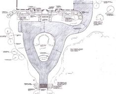 a drawing of a plan for a house with lots of trees and bushes around it