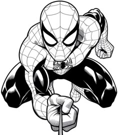 a black and white drawing of a spider - man holding onto a pole with one hand