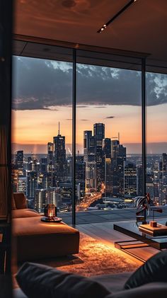 Modern high-rise apartment with panoramic urban skyline view at twilight Living Room At Night, Room At Night, New York Penthouse, Stylish Accent Chairs, High Rise Apartments, Dream Life House, Luxury Penthouse, Apartment Layout, Skyline View