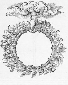 a drawing of a wreath with clouds above it