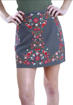 Floral Embroidered High Waist Mini Skirt, Grey Cheap Embroidered Mini Skirt, Luxury Floral Embroidery Skirt For Spring, Casual Cheap Embroidered Skirt, Affordable Floral Embroidered Skirt For Spring, Mini Skirt Grey, High Waist Mini Skirt, Brunch Dress, Colorful Embroidery, Embroidered Skirt