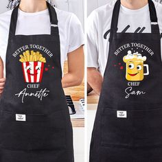 two aprons that have different types of food on them