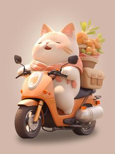 a cat riding on the back of a motor scooter filled with vegetables and fruit