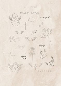 an old paper with tattoos on it and the words made in heaven written above them