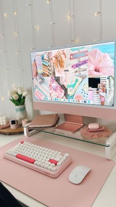 a computer monitor sitting on top of a desk with a keyboard and mouse next to it