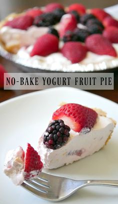 no - bake yogurt fruit pie on a white plate with a fork