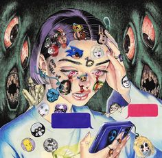 a drawing of a person holding a cell phone in front of their face and surrounded by monsters