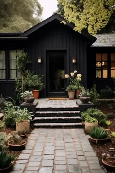 a black house with potted plants and steps leading up to the front door area