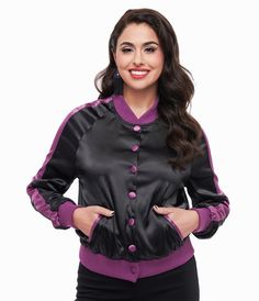 This beautiful bomber style jacket, in collaboration with Disney, is crafted in a black satin-like fabric. Outfitted with a snap button up front, long sleeves, side pockets, and a large screen print of the three famous witches from Hocus Pocus with the words, "I Put A Spell On You". Famous Witches, Hocus Pocus Spell, Black Satin