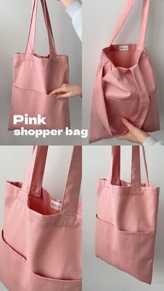 the pink shopper bag is being held by someone's hand and it has two handles