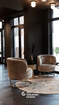 a living room with two chairs and a rug