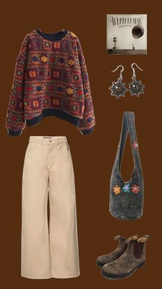 Crunchy Style Outfits, Thrifted Fall Outfits Vintage, Colorful Artsy Outfit, Outfits To Wear Thrifting, Quirky Outfit Ideas, Soft Fall Outfits, Fall Lake Outfit, Trifthing Aesthetic Outfit, Courderoy Pants Outfits Women Winter