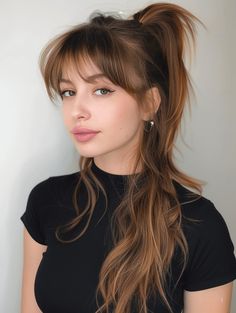 30 Charming Ponytails with Bangs: A 2024 Style Guide Wispy Bangs Hair Up, Face Framing Bangs Ponytail, Messy Wispy Bangs, Ponytail With Wispy Bangs, Face Framing Ponytail, Bangs In Ponytail, Wispy Bangs Ponytail, Messed Up Bangs, Wispy Bangs With Face Framing