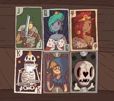 four cards with cartoon characters on them and one has a skull in the middle, two are