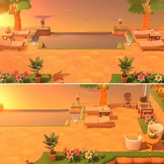 two pictures of the same area in animal crossing, one with palm trees and another with flowers