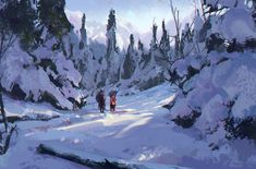 two people are walking through the snow covered mountains with trees on either side and one person is carrying skis