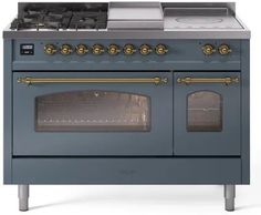 ILVE Nostalgie II 48 Dual Fuel Natural Gas Range Blue Grey Brass Trim UP48FSNMPBGG - Farmhouse Kitchen and Bath Convection Wall Oven, Dual Fuel Ranges, Brass Trim, Iron Grate, Cool Doors, Range Cooker, Built In Ovens, Gas Range, Ral Colours