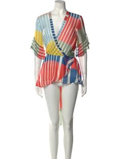 Tanya Taylor Silk TopWhiteStripedRuffle EmbellishmentShort Sleeve with Plunge NecklineSash-Tie Closure at FrontFit:Tops by Tanya Taylor typically fit true to size. Tanya Taylor, Print Patterns, Top Outfits, Silk, Tags, Clothes For Women, Pattern, Clothes