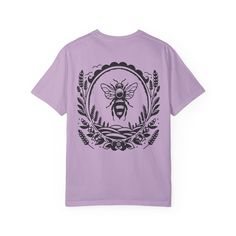 Bee & Lavender Comfort Colors Crewneck T-shirt Purple Graphic Print T-shirt Crew Neck, Graphic Print Purple T-shirt, Purple Graphic Tee With Graphic Print, Graphic Purple T-shirt With Graphic Print, Lavender Crew Neck T-shirt For Summer, Casual Lavender T-shirt With Letter Print, Lavender Graphic Tee With Crew Neck, Lavender Crew Neck Graphic Tee, Purple T-shirt With Custom Print For Streetwear