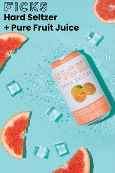 a can of fick's juice surrounded by ice cubes and grapefruit