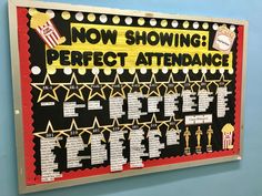 a bulletin board with words and pictures on it that read now showing perfect attendance, free after five minutes