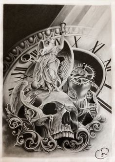 a drawing of a clock with two skulls and a winged bird on it's face