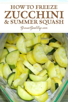 how to freeze zucchini and summer squash in a glass dish with text overlay