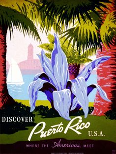 an advertisement for puerto rico, where the american meet is located in front of palm trees