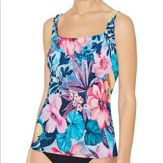 Maxine Of Hollywood Women's Swimsuit Tankini Navy/Vintage Garden Size 10. Condition Is "New With Tags". Retail $52 Sassy One-Piece Swimsuit Features Shirred Draping And A Vibrant Floral Pattern Through The Fitted Bodice. Elastic Ruching Through Feminine Square Neckline. Adjustable Drawstring Pull Ties At The Waist. Built-In Soft Cups For Added All-Day Support And Shape. Straight Hem With Soft Ruffles. 82% Nylon, 18% Elastane. Top Chest 18” Length 24” Bottom Waist 26” Rise Length 12” V-38 Tk20 Fitted Tropical Print Tankini For Spring, Fitted Floral Print Top For Poolside, Pink Tankini With Tropical Print, Pink Sleeveless Top For Pool, Sleeveless Pink Top For Pool, Blue Fitted Tankini With Tropical Print, Fitted Blue Tankini With Tropical Print, Multicolor Spring Tops For Pool, Fitted Pink Top For Poolside