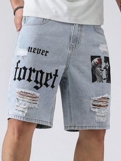 Shorts de mezclilla rasgados con gráficos de letras para hombre plus Lavado ligero    Mezclilla Figuras,Letras Bermuda No-Elástico  Men Plus Size Clothing, size features are:Bust: ,Length: ,Sleeve Length: Short Pants For Men, Men’s Jean Shorts, Jeans Shorts Outfit Men, Mens Jean Shorts Outfits, Mens Denim Shorts Outfits, Jean Shorts Men Outfit, Denim Jeans Outfit Men, Streetwear Jeans Men