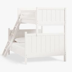 a white bunk bed with a ladder on the top and bottom level, against a white background