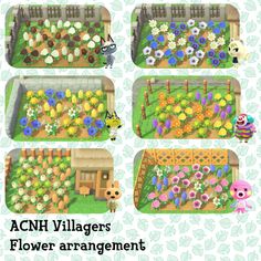 the animal village flower arrangement is shown in four different stages, including flowers and plants