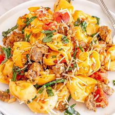 a white plate topped with pasta and meat covered in sauce, parmesan cheese and spinach