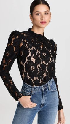 WAYF Emma Puff Sleeve Lace Top | Shopbop Formal Lace Collar Top For Fall, Formal Lace Top With Lace Collar For Fall, Formal Fall Lace Top With Lace Collar, Chic Lace Top With Lace Cuffs, Formal Fall Lace Top, Chic Lace Blouse With Lace Cuffs, Formal Lace Top With Lace Trim For Fall, Chic Scalloped Lace Fall Blouse, Formal Fall Lace Top With Lace Trim