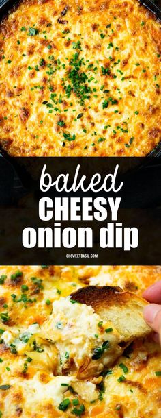 baked cheesy omelet dip in a cast iron skillet with text overlay