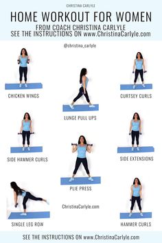 a woman doing yoga poses with the text home workout for women see the instructions on how to