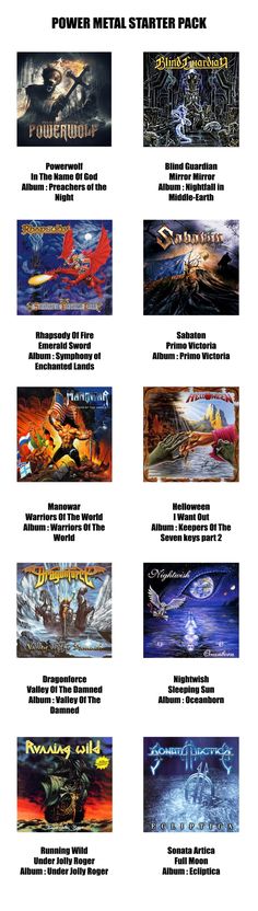 the power metal starter pack is shown in black and white, with many different titles