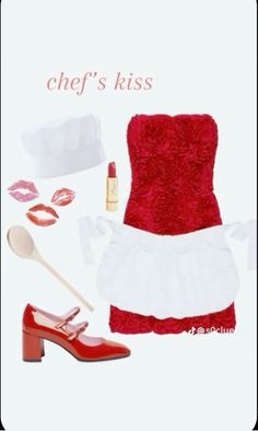 a woman's red and white outfit with accessories