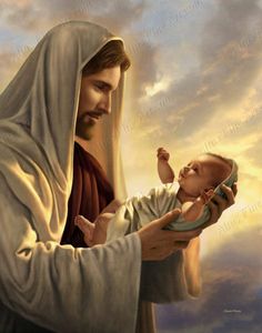 a painting of jesus holding a baby in his arms