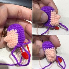 two pictures show how to crochet an object with yarn and thread in the shape of a mouse