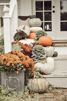 pumpkins and gourds on the front steps of a house