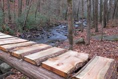 a wooden bridge over a stream in the woods