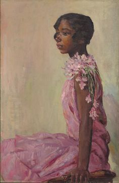 a painting of a woman in a pink dress with flowers on her neck and chest