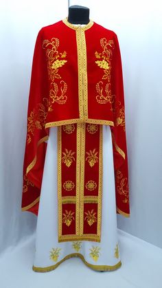 Red Greek vestment, Embroidered Priest vestment set, Priest robes, Religious Clothing  PLEASE be sure to indicate your height in the order notes when purchasing Embroidery type: machine embroidery Model: ф37червоний - The vestment is decorated with gold - red Greek ribbon, also fringe at the bottom, - Embroidered with floral ornaments in the form of vines with spikelets. - In addition to felon (Robe) with embroidery, the price also includes cover, belt, stichar, epitrachel (Stole), air, overslee Red Embroidered Chasuble For Church, Traditional Red Chasuble For Ceremonial Use, Traditional Embroidered Chasuble For Ceremonial Use, Traditional Embroidered Ceremonial Chasuble, Traditional Chasuble With Gold Embroidery For Church, Priest Robes, Floral Ornaments, Golden Red, Ears Of Corn