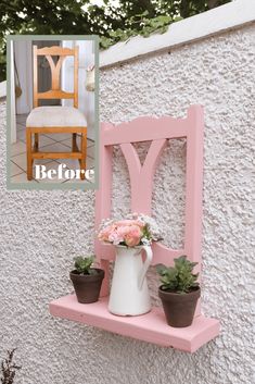 a pink shelf with two potted plants on it and a chair in the background